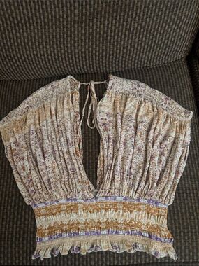 Free People Floral Off-Shoulder Smocked Crop Top - Cream, Lavender & Tan